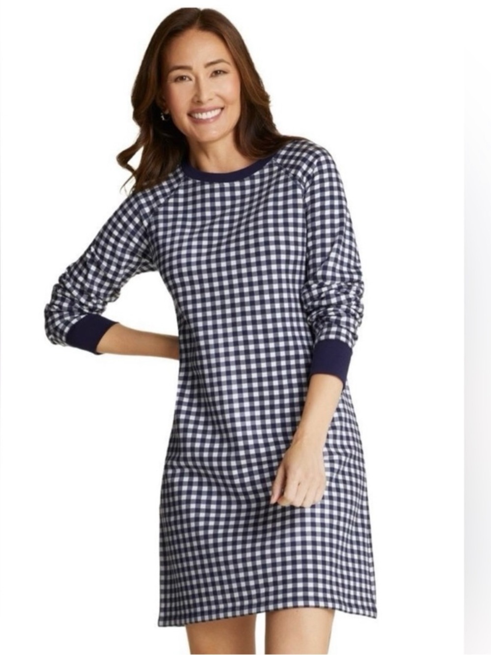 Draper James Natalie Navy White Gingham Sweatshirt Dress
